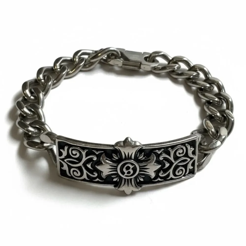 Men’s Stainless Steel Biker Bracelet Gothic Cross Plate Chunky Cuban Chain